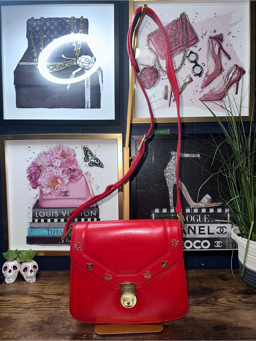 MCM Patricia Red Pebbled Leather Crossbody Bag Gold Studs  Vintage